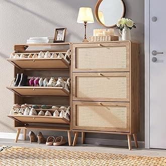 Rattan Shoe Cabinet with 3 Flip Drawers Set of 2, 48 Pairs Shoe Storage for Entryway Freestanding Hidden Shoe Rack with Drawers Slim Shoe Organizer for Hallway, Living Room, Natural