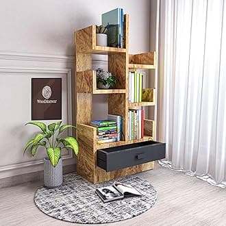 Wooden Free Standing Book Shelf | Display Rack Bookshelf for Home and Office | Decorative Corner Shelf Bookcase | Storage Type: 6 Shelves & 1 Drawer | Sheesham Solid Wood | Finish: Pine