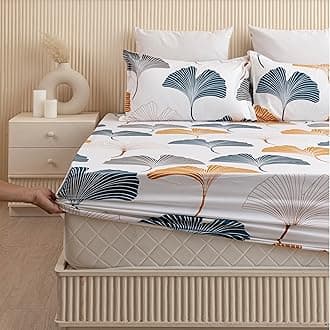 HOMEMONDE 100% Cotton Fitted Bed Sheet for Super King Size Bed, Leaf Printed All Around Elastic Bedsheet (84 x 78 Inch) with 2 Pillow Cover | Perfect for Home Decor & Gifting