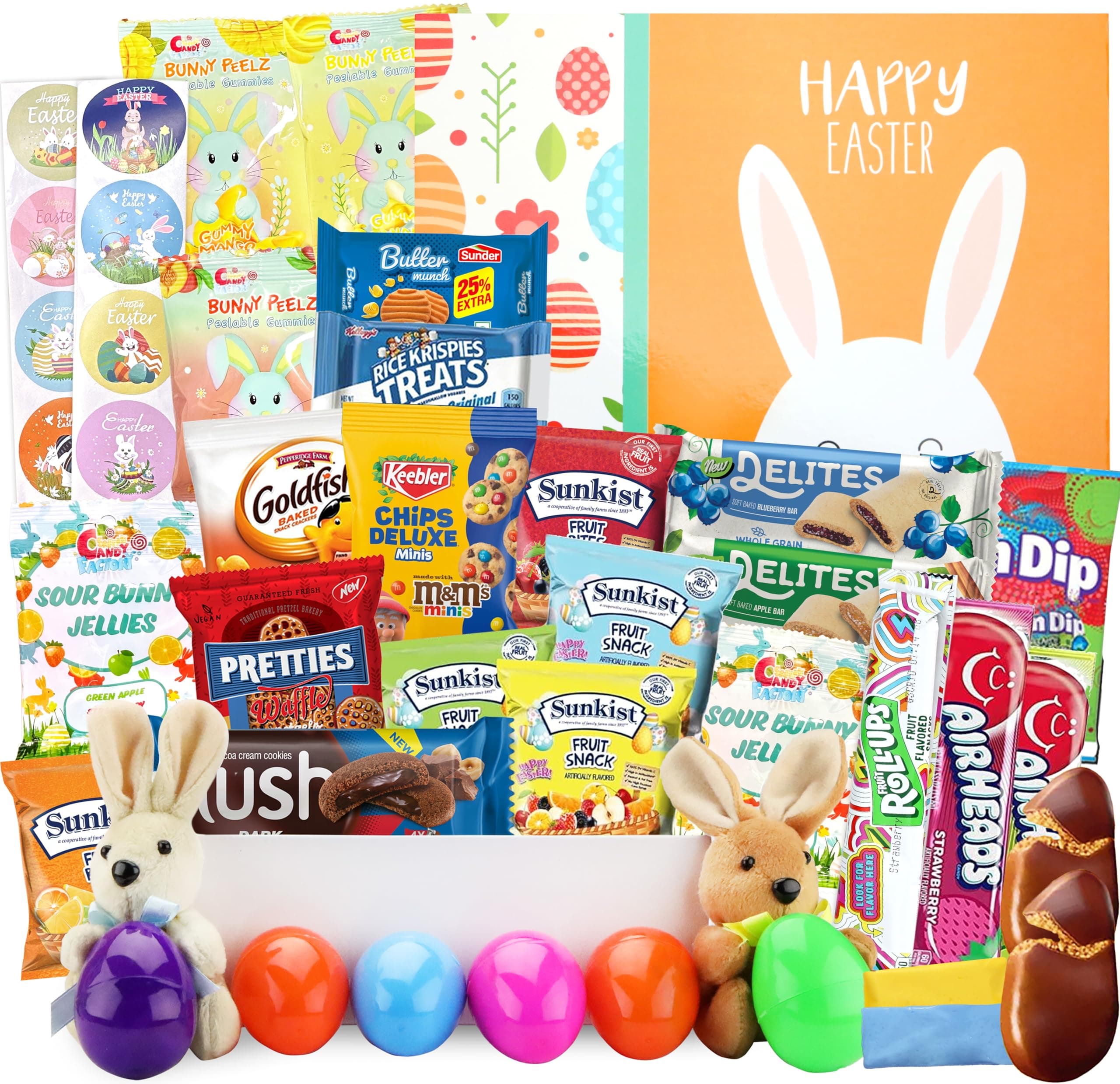 Easter Snack Yellow Box (42 Count) Filled with Snacks, Cookies, Peelable Gummies, Marshmallow Gummies, Bunny and More, Great Package for Family, Friends, Boys and Girls