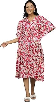 Ravaiyaa Women Printed Cotton V-Neck Knee Length Kaftan Dress Nighty