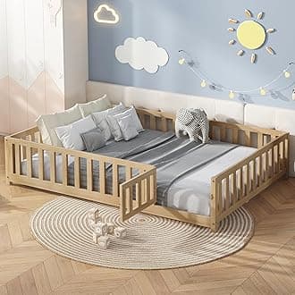 Bellemave Floor Bed Full Size Montessori Bed Frame with Fence and Door, Wooden Full Platform Bed for Kids, Boys Girls, Solid Wood Full Bed, No Box Spring Needed,Natural