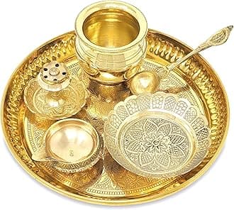 Brass Pooja Thali Set 6 Inch Puja Thali with Pital Plate Kalash Kuber Diya Dhup Dan Palli Kangura Plate Arti Thali for Diwali Home Office Mandir Wedding Return Gift Items