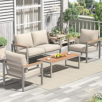 Patio Furniture Set, 4 Pieces Outdoor Patio Furniture with Coffee Table Set, Metal Patio Conversation Sets with Washable and High-Resiliency Sponge Cushions,Champagne&Beige