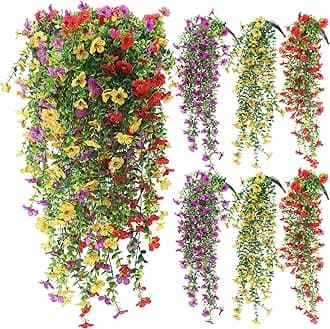 6 Pcs Spring Artificial Hanging Flowers Outdoor Faux Silk Mum Plant Decor Violet with Eucalyptus Realistic UV Resistant Trailing Vine Spring Porch Yard(Classic Color,Violet)
