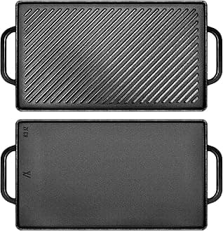 GGC Cast Iron Reversible Griddle, Double-sided Griddle Pan for Indoor and Outdoor Cooking, 15 x 9 Griddle Plate with Flat and Ribbed Side for Stove Tops, Gas Grills and Camping