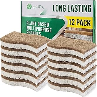 12 Pack Natural Washing Up Sponge, UK Brand Eco Friendly Kitchen Dish Cleaning Sponges, Compostable Cellulose & Coconut Eco Sponges & Scourers, Biodegradable Non Scratch for Heavy Duty Scrubbing