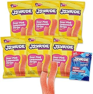 JOYRIDE Pink Lemonade Sour Strips - 3.5 oz 6-Pack Bundle with 2.5oz Glacial Peppermint Gum, Low Sugar, Sour Belt Candy, Dye Free, Low Calorie Snacks, Healthy Candy (7 Items)