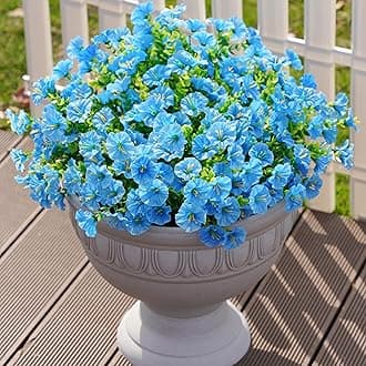 Artificial Fake Outdoor Plants Flowers for Summer Decoration, 12 Bundles Silk Blue Morning Glory Eucalyptus Realistic UV Resistant Faux Flowers for Outside Planter Front Door Porch Garden Yard Patio