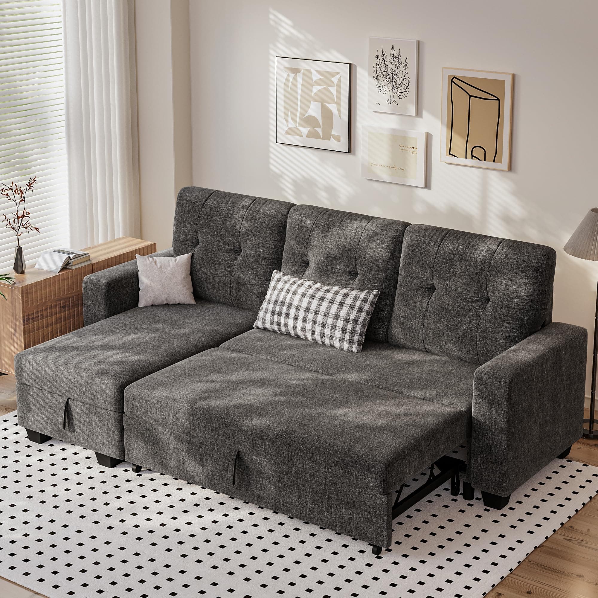 Homall Sleeper Sofa Bed, Couch with Pullout Bed and Reversible Storage Chaise, L Shaped Sofas for Apartment, Small Space (Linen Fabric, Dark Grey)