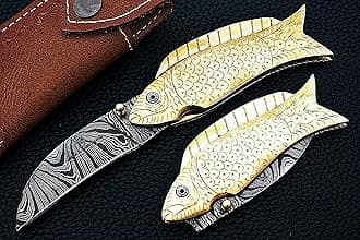 Custom Handmade Damascus Steel Fish Knife/Folding Knife/Pocket Knife SS-17370(Brass Engraved Handle)