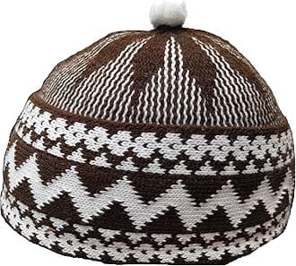 Mens Zigzag HAJI Cap - Kufi All Season Muslim Prayer TOPI Beanie HAT Crown with White Ball - Stretchable ONE Size