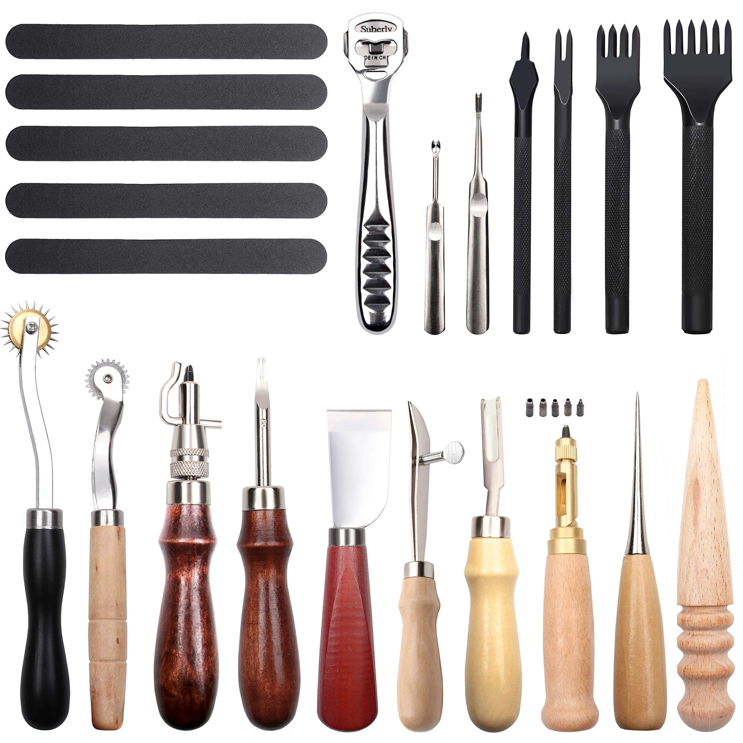 Yangoutool 18Pcs Leather Working Tools, Leather Craft Tool Kit with Edge Beveler Stitching Groover Prong Punch for Carving Working Sewing Saddle Making Leather Hand Tools Set