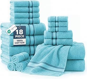 Towel Sets for Bathroom - 18-Pack Zero Twist 100% Cotton Towels, 6 Bath, 6 Hand & 6 Washcloths, Soft & Highly Absorbent, Premium Hotel & Spa-Quality Design, Easy To wash - Blue