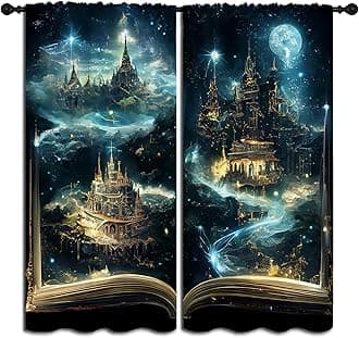 LHROOMJK Magic Book Blackout Curtains for Boys Girl Bedroom Decor,Psychedelic Castle Medieval Building Thermal Insulated Rod Pocket Drapes Darkening Window Curtain for Living Room Home 63x63 inch