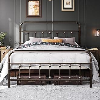 Topeakmart Queen Size Victorian Style Metal Bed Frame with Headboard/Mattress Foundation/No Box Spring Needed/Under Bed Storage/Strong Slat Support Bronze