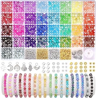 Funtopia 6mm Glass Beads for Jewelry Making, 1396pcs Ink Patterns Crystal Beads for Bracelets, 34 Colors Round Glass Bead Kits for Necklace DIY Earrings Crafts with Spacer Bead and Charms
