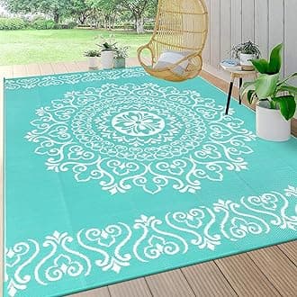 Pauwer Waterproof Outdoor Rug 8x10, Reversible Plastic Straw Patio Camping Rug, Indoor Outdoor RV Mat Carpet for Deck, Camper, Porch, Balcony, Backyard, Picnic, Floral Light Blue