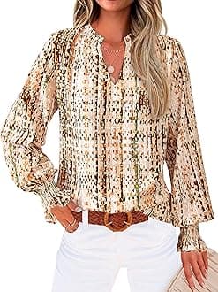 Womens V Neck Floral Long Sleeve Tops 2026 Summer Casual Loose Puff Sleeve Chiffon Boho Work Blouse Dressy T Shirts