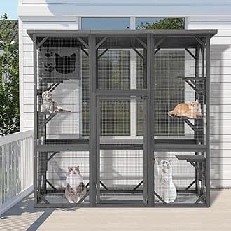Dephet Catio Cat House Cage Enclosure, Outdoor/Indoor Wooden Cat Enclosures with Separate Kennel, 5 Large Platforms and Waterproof Asphalt Roof for Patio, Backyard(Grey)