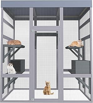 71" Large Catio Outdoor Cat Enclosure, Large Wooden Cattio for Cats with Waterproof Top, Indoor/Outdoor Cat Cage Condo (Gray-70)