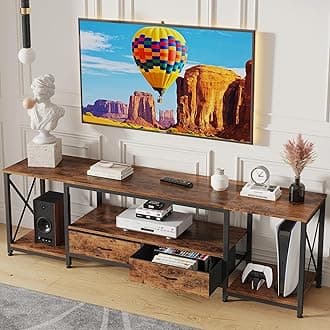 GYIIYUO TV Stand with Fabric Drawers for 65 70 75 Inches TV - Entertainment Center and Industrial TV Console Table with Open Storage Shelves for Living Room, Bedroom - 63" Rustic Brown