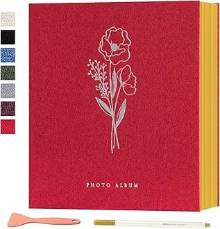 Lanpn Self Adhesive Photo Album Scrapbook 80 Pages, Linen Photos Albums DIY Sticky Magnetic Pages holds 6x4 7x5 A4 A5 Picture for Family Wedding Birthday (Large-40 Sheets/80 Pages, Red)