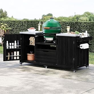 66.5" Outdoor Grill Cart with Storage, Movable Outdoor Kitchen Island with Stainless Steel Top & Wheels, Solid Wood BBQ Tables with Drawer/S-Hook/Bottle Opener for Outside Patio (Black)