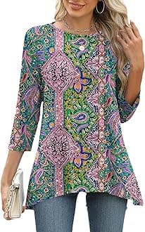 LOMON 3/4 Sleeve Tunic Tops for Women Loose Fit Dressy Casual Blouse Flowy Shirts to Wear with Leggings S-3XL