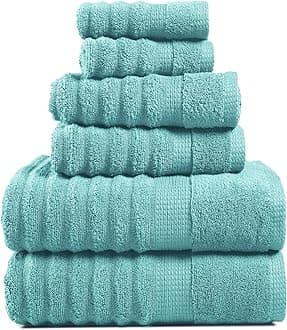 LANE LINEN Cotton Towel Set 6 Pieces - Super Soft, Durable & Highly Absorbent - 2 Bath, 2 Washcloths, 2 Hand Towels for Bathroom - Oeko TEX Certified, Zero Twist Tech & Hotel Quality - Aqua Sky