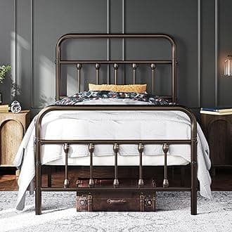 Topeakmart Twin Size Victorian Style Metal Bed Frame with Headboard/Mattress Foundation/No Box Spring Needed/Under Bed Storage/Strong Slat Support Bronze