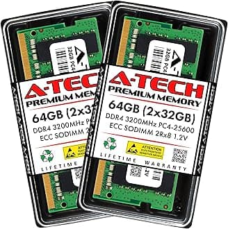 A-Tech 64GB Kit (2x32GB) DDR4 3200MHz PC4-25600 ECC SODIMM 2Rx8 Dual Rank 1.2V 260-Pin RAM Memory Upgrade Modules for Microserver, Workstation, and Networking Platforms