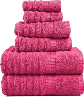 LANE LINEN Luxury Ribbed Bath Towels - 100% Cotton Towels for Bathroom, Zero Twist, Textured Shower Towels, Absorbent, Quick Dry, 2 Bath Towels, 2 Hand Towels, 2 Wash Cloths (6 Piece Set) - Fuchsia