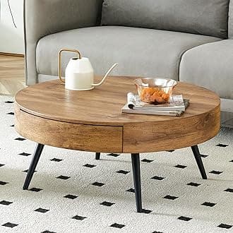 Wooden Coffee Table Modern Rectangular Coffee Table Rustic Center Table with Metal Leg for Living Room Reception Room Office (Brown (Drawer), Round)