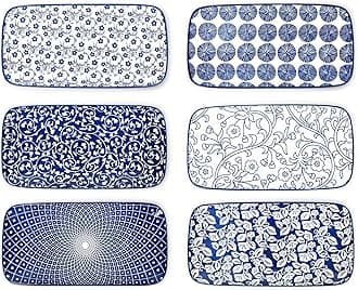 Selamica Ceramic Serving Platters, 12 Inch Serving Trays for Party Entertaining, Large Rectangular Serving Plates for Food, Set of 6, Vintage Blue