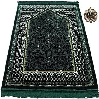 Modefa Turkish Islamic Velvet Prayer Rug - Thick & Wide Soft Praying Carpet for Men & Women - Large Traditional Muslim Salah Mat - Ramadan & Eid Gift - with Car Hanger - Double Plush Topkapi (Green)