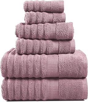 LANE LINENLuxury Ribbed Bath Towels - 100% Cotton Towels for Bathroom, Zero Twist, Textured Shower Towels, Absorbent, 2 Bath Towels, 2 Hand Towels, 2 Wash Cloths (6 Piece Set) - Wishful Mauve