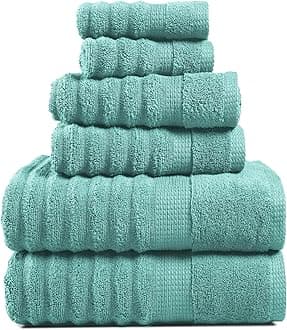 LANE LINEN Bathroom Towels Set - 2 Bath, 2 Hand Towels for Bathroom and 2 Wash Cloths for Body - Highly Absorbent, Soft, Premium 100% Cotton Bath Towel Set for Everyday Use (Set of 6) - Aqua Sky