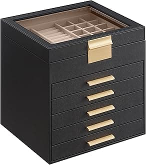 SONGMICS GISELLA Collection - Jewelry Box Organizer, 6-Layer Jewelry Storage with 5 Drawers, Shiny Metal Hardware, Glass Lid, Modern, 8 x 9.1 x 9 Inches, Ink Black and Gold Color UJBC176B01