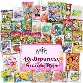 Fusion Select 40 Japanese Snack Box - Assorted Dagashi Box from Japan with Bubble Gum, Peach Juice, Fish-Shaped Wafer, Potato Crisps, Animal-Shaped Biscuits, Corn Chips, Gummies, Milk Candy