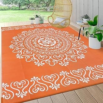 Pauwer Waterproof Outdoor Rug 8x10, Reversible Plastic Straw Patio Camping Rug, Indoor Outdoor RV Mat Carpet for Deck, Camper, Porch, Balcony, Backyard, Picnic, Floral Orange
