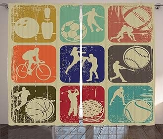 Ambesonne Sports Curtains, Assorted Sports Banners Vintage Grunge Effect Tennis Soccer Bowling Sports Pub Theme, Living Room Bedroom Window Drapes 2 Panel Set, 108" X 84", Pastel Beige