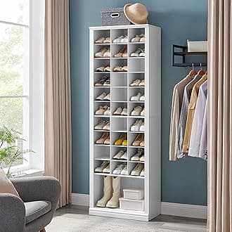 11 Tiers Shoe Storage Cabinet, Tall Shoes Cabinet with Cubby, Freestanding Wooden Shoe Organizer, 30-33 Pairs, Shoes Cubby Organizer for Entryway, Bedroom, White 02001BSR