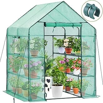 Ohuhu Greenhouse with Shelves for Outdoor, Walk in Green House Plastic Greenhouses with 12 Shelves, Heavy Duty Plant Growhouse with Ground Pegs & Ropes for Stability 145x145x195 cm