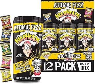 WARHEADS Atomic Fizz - Extreme Sour Fizzing Hard Candy - Sour Apple, Black Cherry, Blue Raspberry, Lemon & Watermelon Flavors - 1.48 oz Canisters - 12 Pack Display Box