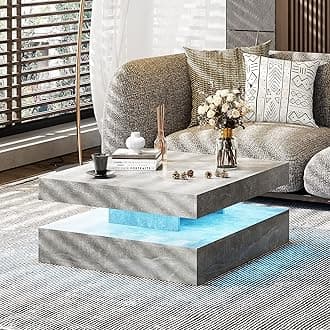 Grey Coffee Table with 16 LED Lights - Square Coffee Tables for Living Room - Modern Coffee Table with 2 Tier Storage, Mirror Effect Cocktail Tables for Home/Bar/Gaming Room