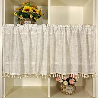 Boho Tassel Linen Curtain Valance for Kitchen Cabinet Farmhouse Semi Sheer Curtain Tiers for Room Divider Bathroom Rod Pocket Rustic Light Filtering Cafe Curtains for Home Decor 1 Panel W78 X L17 inch