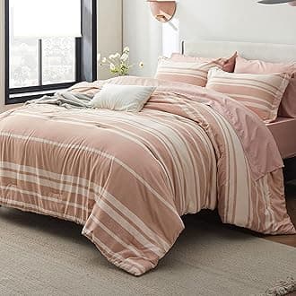 Bedsure Queen Comforter Set 7 Pieces, Dusty Pink Striped Bedding Set for All Seasons, Reversible, Cationic Dyeing Bed in a Bag with Comforter, Sheets, Pillowcases & ShamsOEKO-TEX STANDARD 100