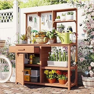 GDFStudio Belfast 50.20" W Garden Workstation for Planting, Fir Wood Potting Table, Outdoor Potting Bench Table, 4 Shelves Adjustable Storage, Ample Space Garden Tools Organizer for Backyard, Brown