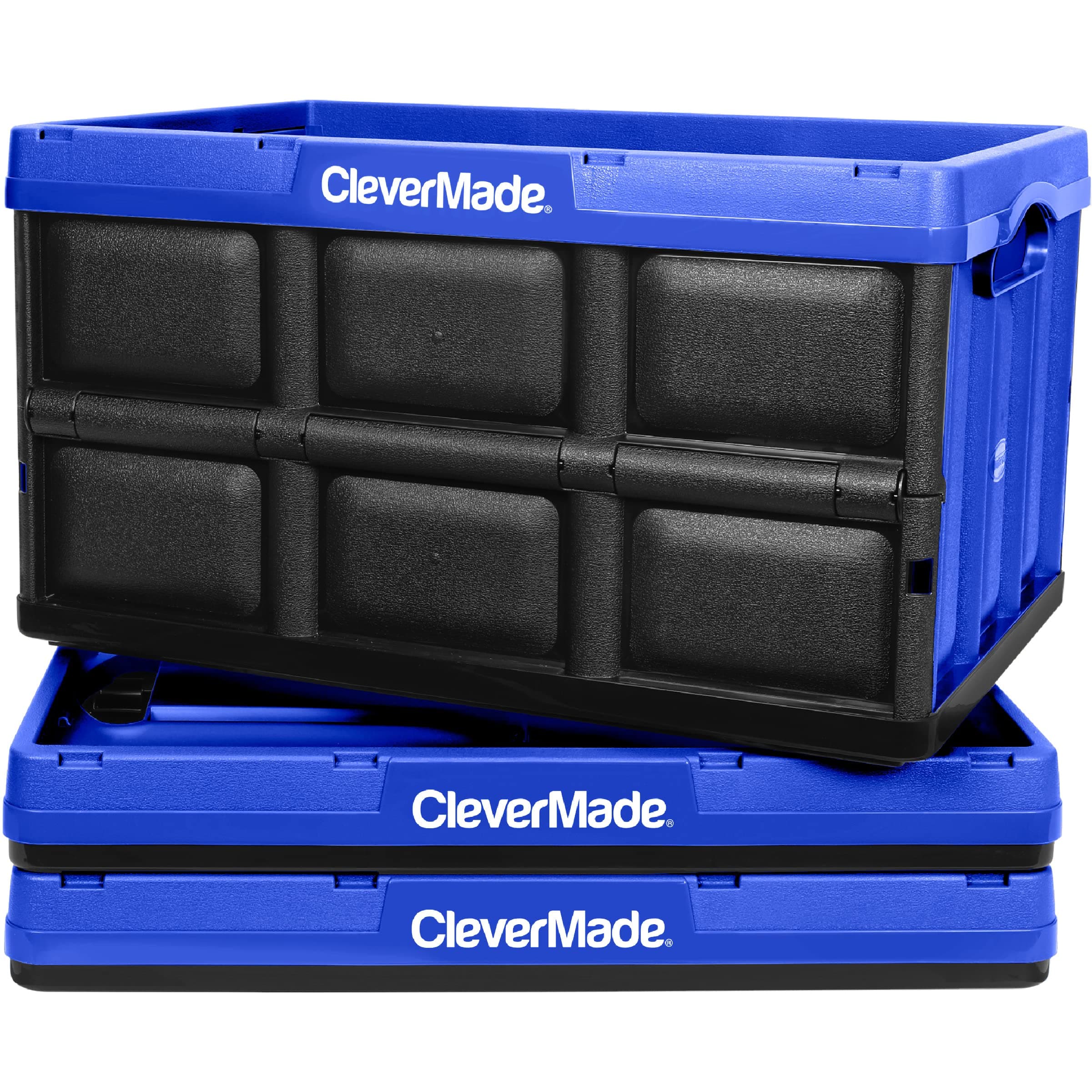 CleverMadeCollapsible Storage Bin, Royal Blue, 3PK - 46L (12 Gal) Stackable Storage Containers, Holds 66lbs Per Bin - Plastic Storage Bins for Organizing, Closet Storage, Garage Storage